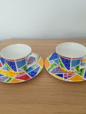 NIB ROMERO BRITTO Fine Bone China Two (2) Tea Cups & Saucers geometric pop-art